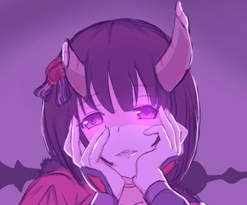 1girl, black_hair, broken_horn, capelet, commentary_request, crazy_eyes, crazy_smile, demon_girl