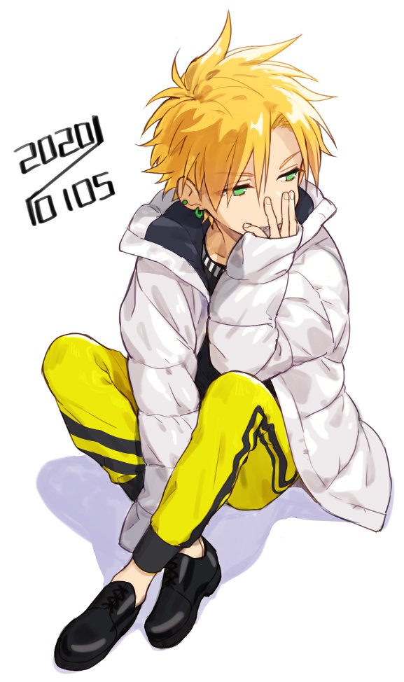 1boy, bangs, black_footwear, blonde_hair, coat, dated, ear_piercing, full_body