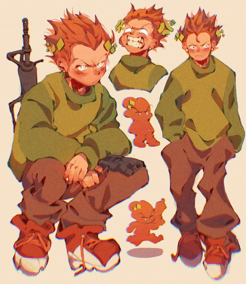 1boy, angry, empty_eyes, frown, ggneedshelp, gun, holding, holding_gun, orange_hair, pico's_school, pico_(pico's_school), solo, squatting, standing, teeth, white_eyes
