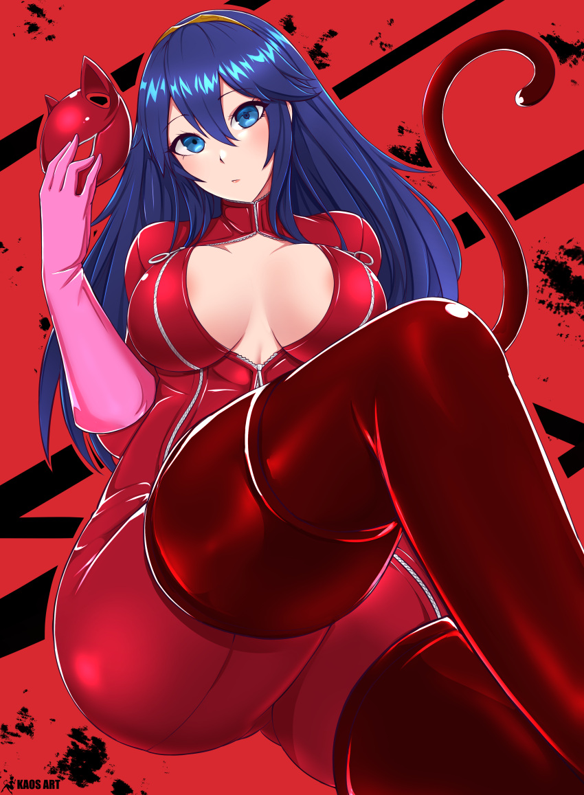 1girl, absurdres, artist_name, blue_eyes, blue_hair, bodysuit, cat_tail, cosplay