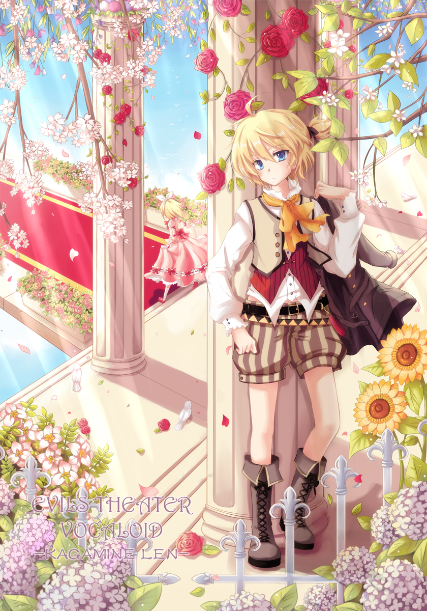 aku_no_musume_(vocaloid), alinna, ascot, belt, bird, blonde_hair, blue_eyes, boots, bow, branch, cross-laced_footwear, dove, dress, flower, hairband, highres, hydrangea, kagamine_len, kagamine_rin, lace-up_boots, pillar, rose, short_hair, shorts, siblings, striped, sunflower, twins, vocaloid