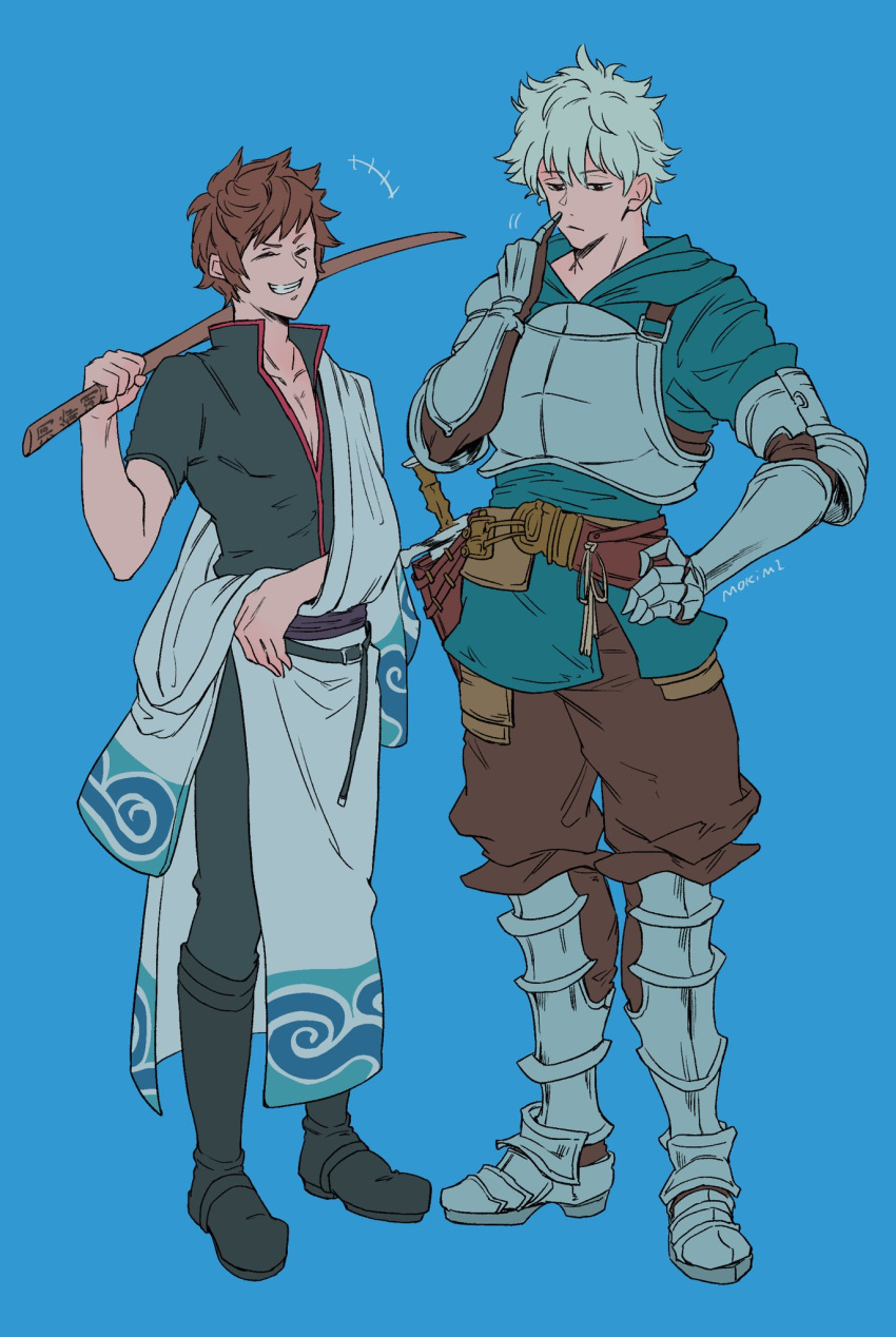 +++, 2boys, armor, armored_boots, artist_name, baggy_pants, belt, black_pants, black_shirt, blue_background, blue_hair, blue_hoodie, boots, breastplate, brown_hair, brown_pants, closed_eyes, commentary_request, cosplay, costume_switch, crossover, fighter_(granblue_fantasy), full_body, gauntlets, gintama, gran_(granblue_fantasy), granblue_fantasy, hand_on_hip, highres, hood, hoodie, japanese_clothes, kimono, male_focus, mokimi, multiple_boys, nose_picking, open_clothes, open_kimono, pants, sakata_gintoki, sheath, sheathed, shirt, short_hair, smile, standing, sword, teeth, weapon, wooden_sword