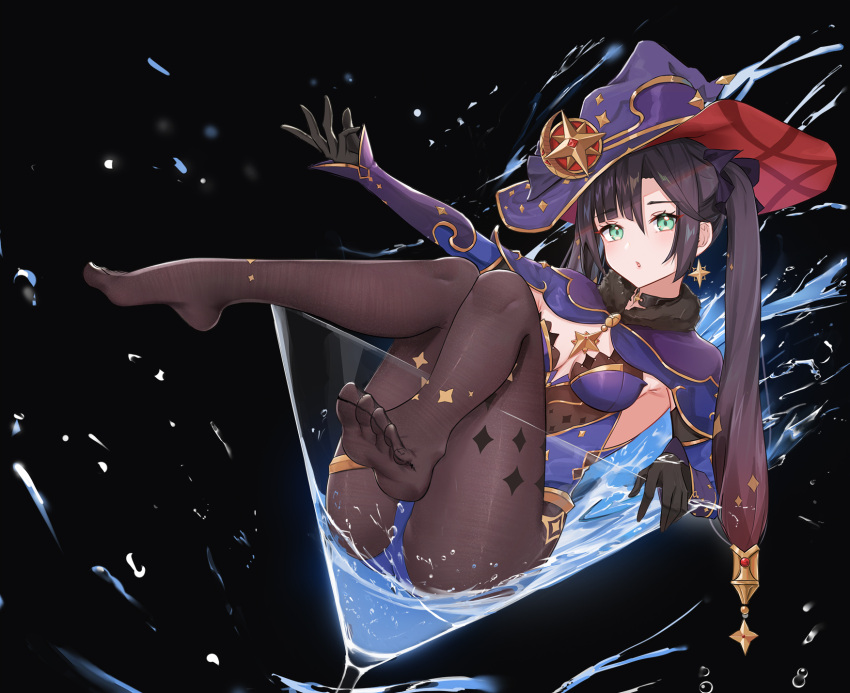 1girl, arm_up, black_background, black_choker, black_gloves, black_hair, blue_capelet, blue_leotard