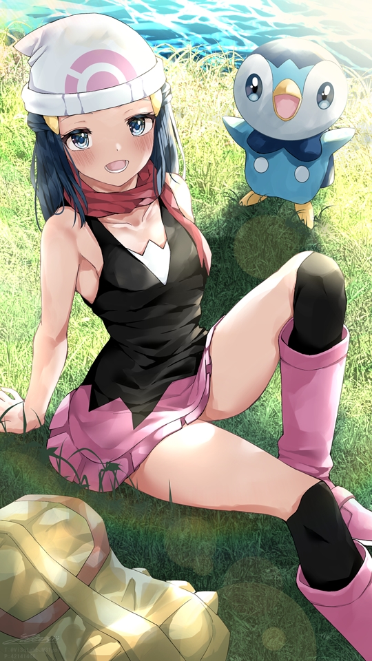 black_legwear, black_shirt, blue_eyes, blue_hair, boots, collarbone, hikari_(pokemon), grass, knee_boots, kneehighs, long_hair, miniskirt, on_ground, pink_skirt, piplup, pokemon, red_scarf, scarf, shirt, shirubaa, sidelocks, skirt, sleeveless, sleeveless_shirt
