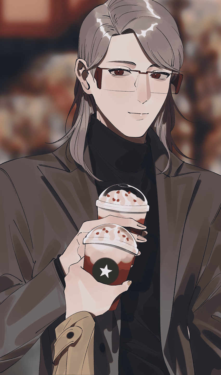 1boy, 1girl, blurry, blurry_background, brown_eyes, character_request, coffee, cup