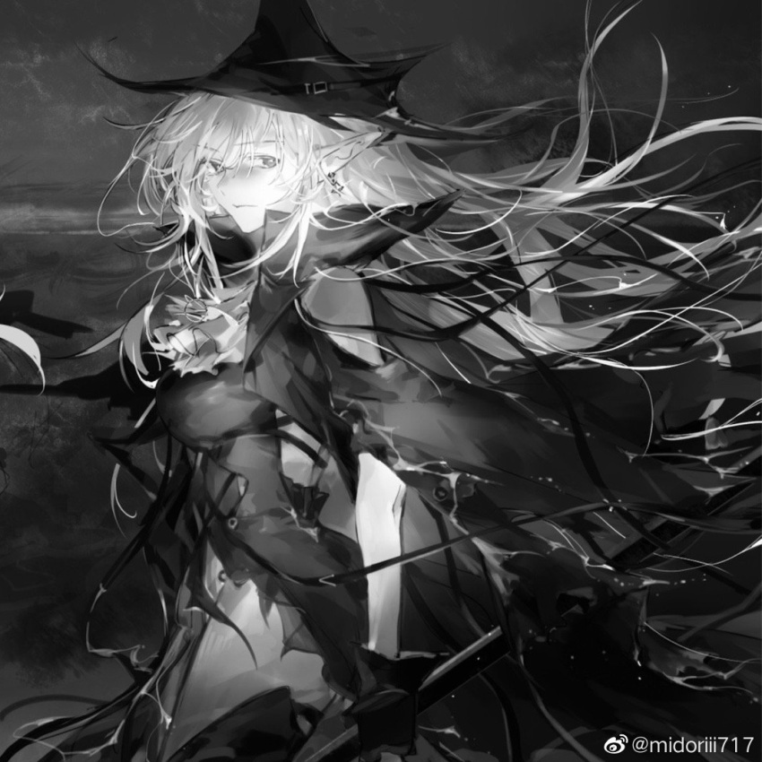 1girl, arknights, bare_shoulders, black_gloves, black_headwear, breasts, cloak, dark_background