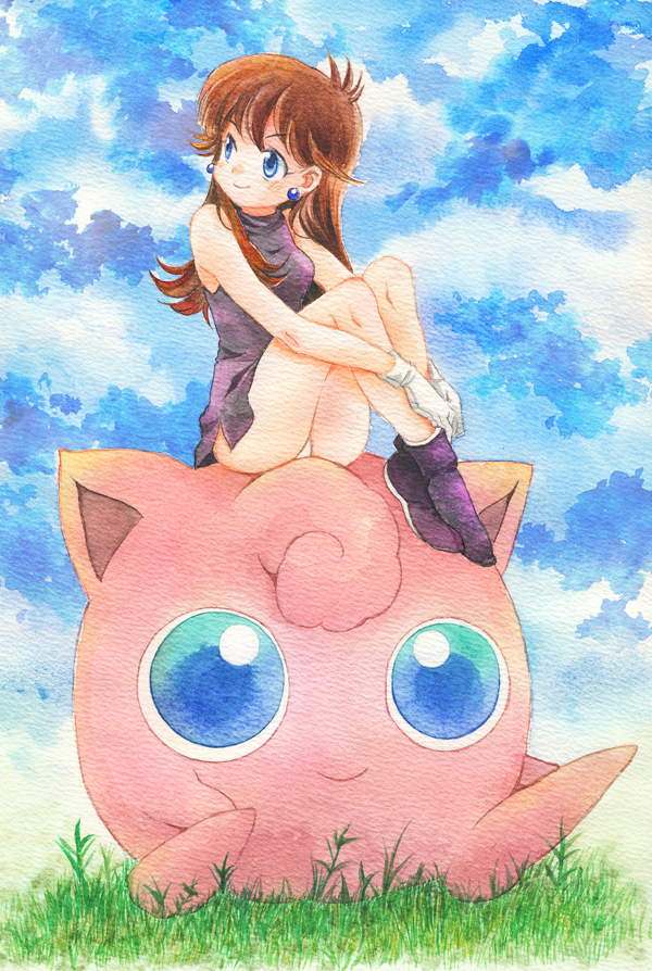 black_dress, blue_eyes, brown_hair, dress, earrings, gloves, grass, green_(pokemon)