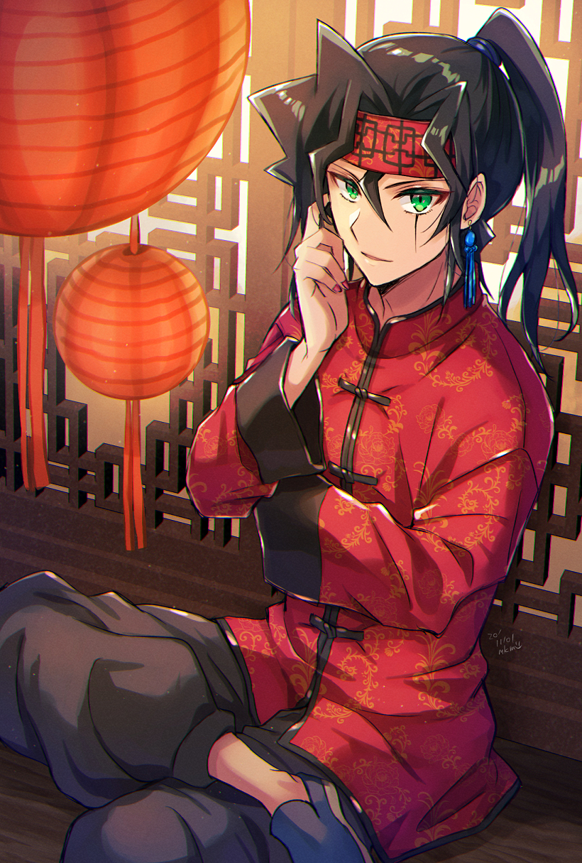 1boy, bangs, bishounen, black_hair, black_pants, earrings, green_eyes, hair_between_eyes, headband, high_ponytail, highres, jewelry, long_hair, long_sleeves, male_focus, mikami_(mkm0v0), nail_polish, otogi_ryuuji, pants, print_headband, red_headband, red_nails, red_shirt, shiny, shiny_hair, shirt, sitting, solo, yu-gi-oh!, yu-gi-oh!_duel_monsters