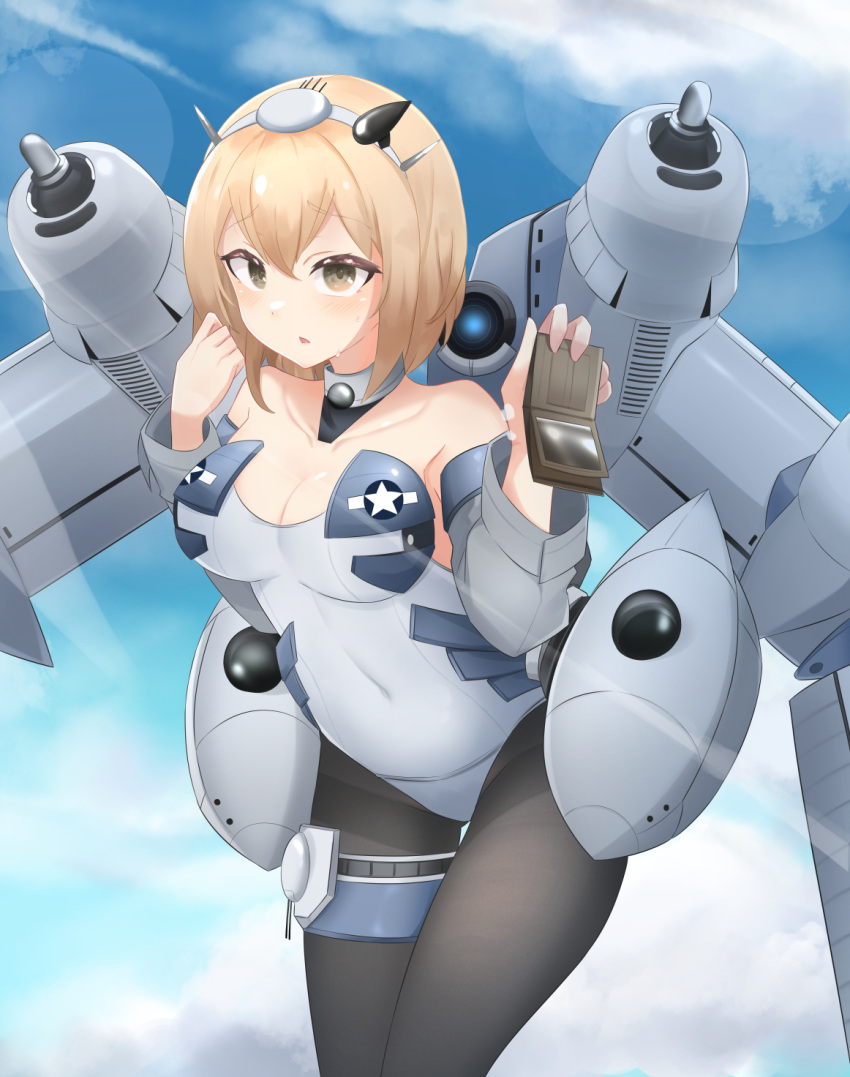 1girl, aircraft, airplane, airplane_wing, b-29_superfortress, b-29_superfortress_(daebom), blonde_hair, brown_eyes