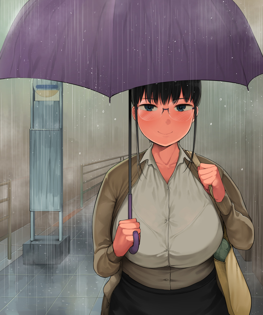 1girl, absurdres, bag, bangs, black_hair, blue_eyes, blush, bra_through_clothes