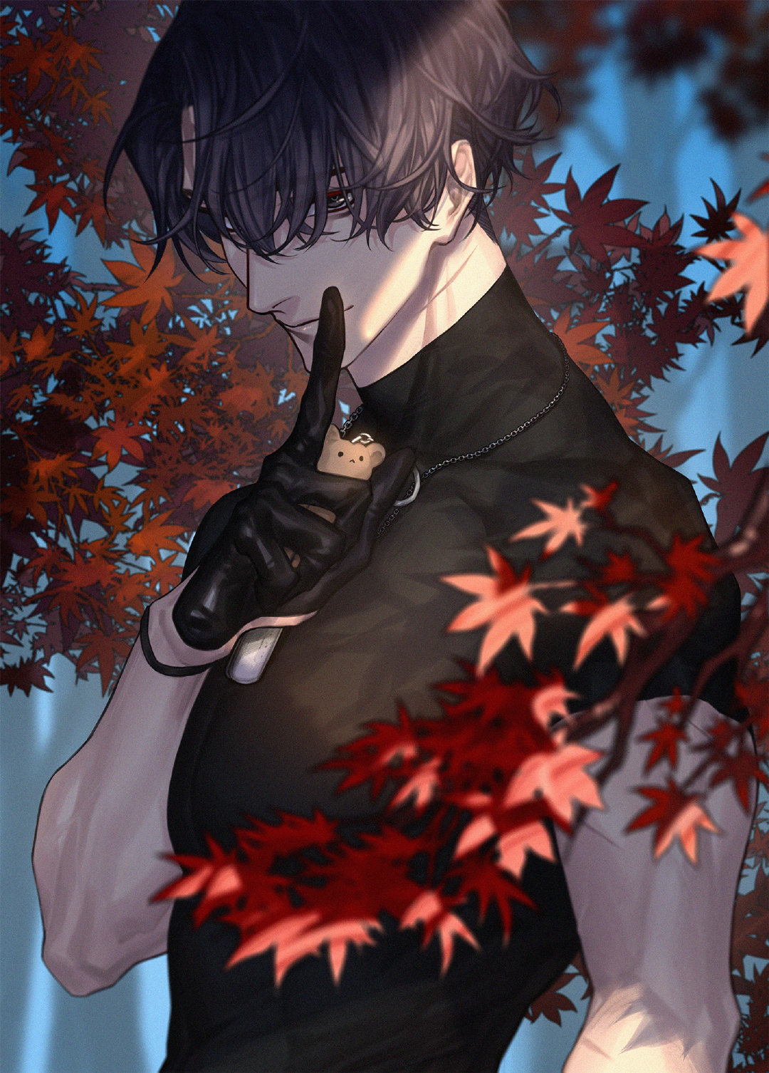 1boy, aki_(girls'_frontline_nc), bear_charm, black_gloves, black_shirt, branch, brown_eyes, brown_hair