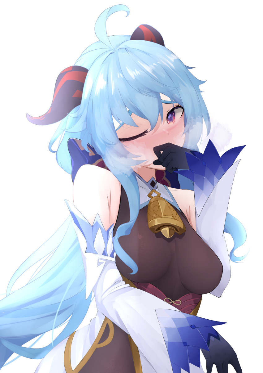 1girl, absurdres, ahoge, bangs, bare_shoulders, bell, black_gloves, blue_hair, blush, breasts, breath, curled_horns, detached_sleeves, exirator, full-face_blush, ganyu_(genshin_impact), genshin_impact, gloves, gold_trim, highres, horns, long_hair, looking_at_viewer, medium_breasts, neck_bell, one_eye_closed, sidelocks, steam, violet_eyes, white_sleeves
