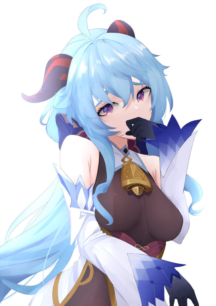 1girl, absurdres, ahoge, bangs, bare_shoulders, bell, black_gloves, blue_hair
