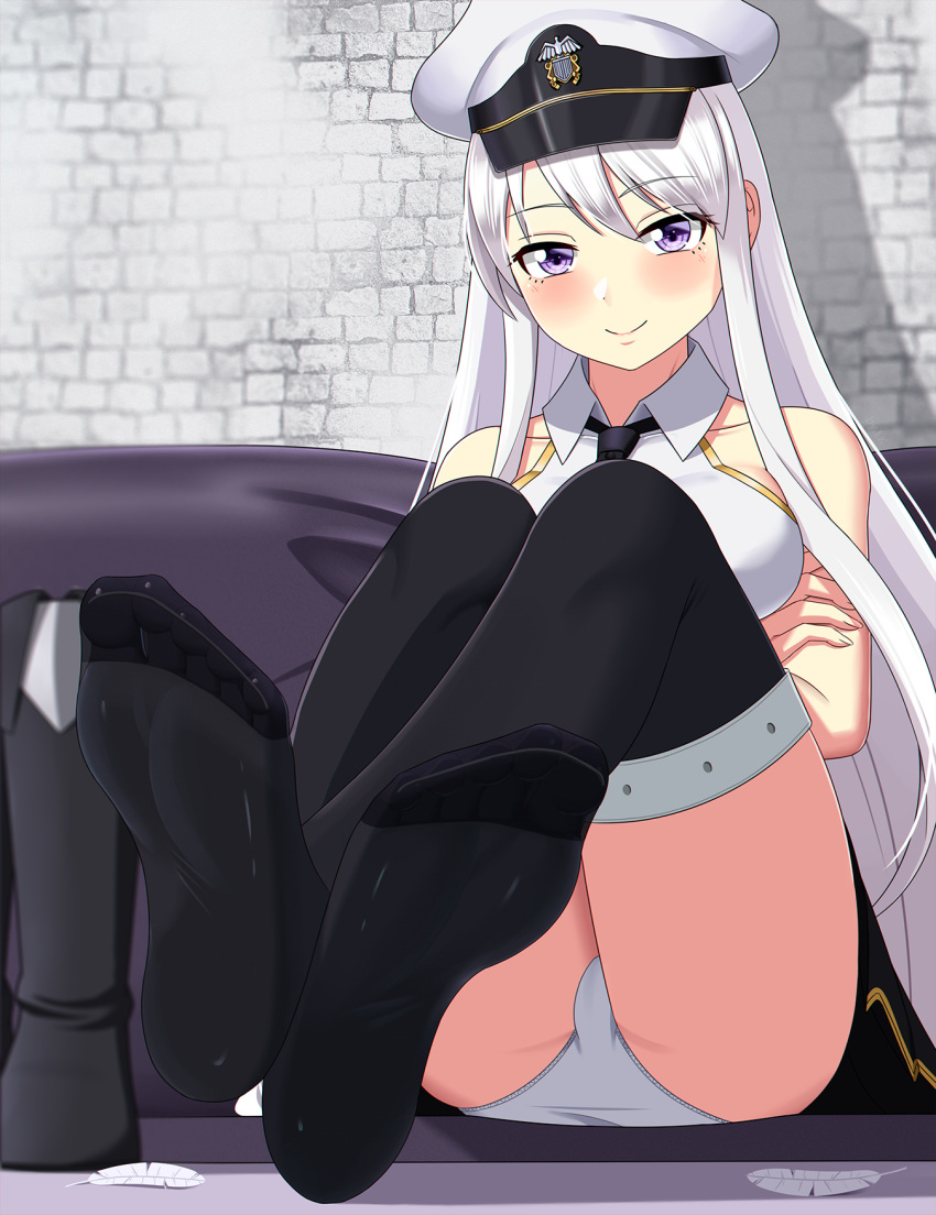 1girl, azur_lane, breasts, collared_shirt, crossed_arms, enterprise_(azur_lane), eyebrows_visible_through_hair, feet