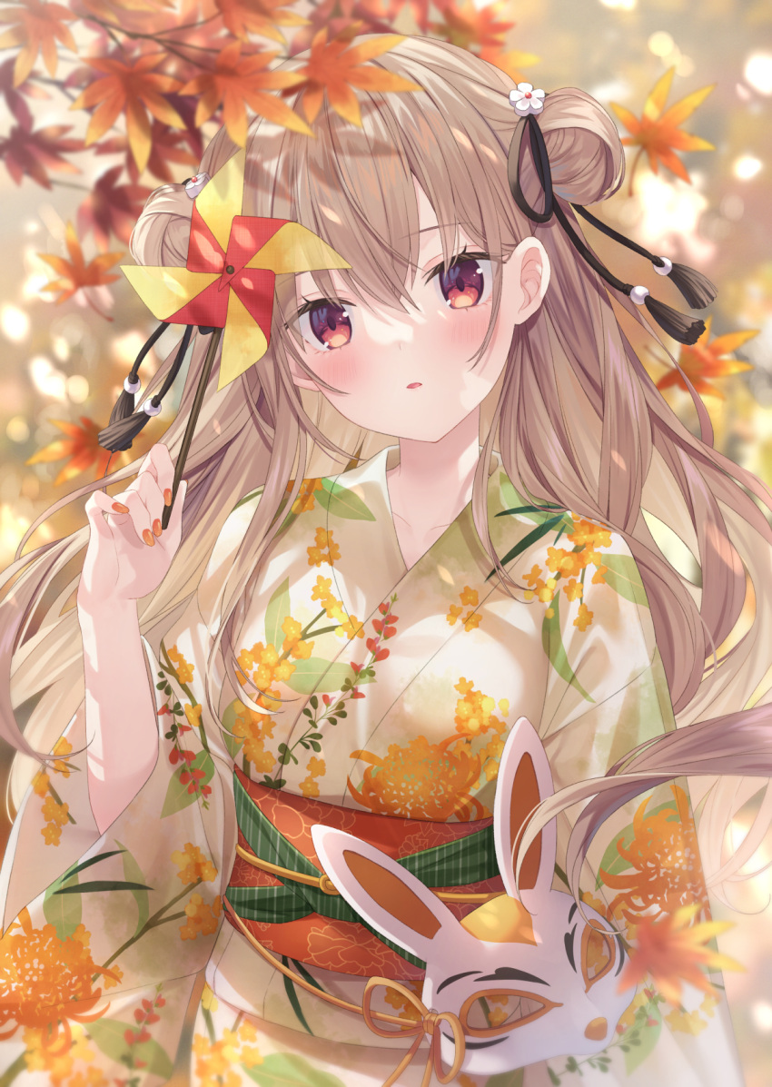 1girl, autumn, autumn_leaves, bangs, black_ribbon, blurry, blurry_background, blurry_foreground