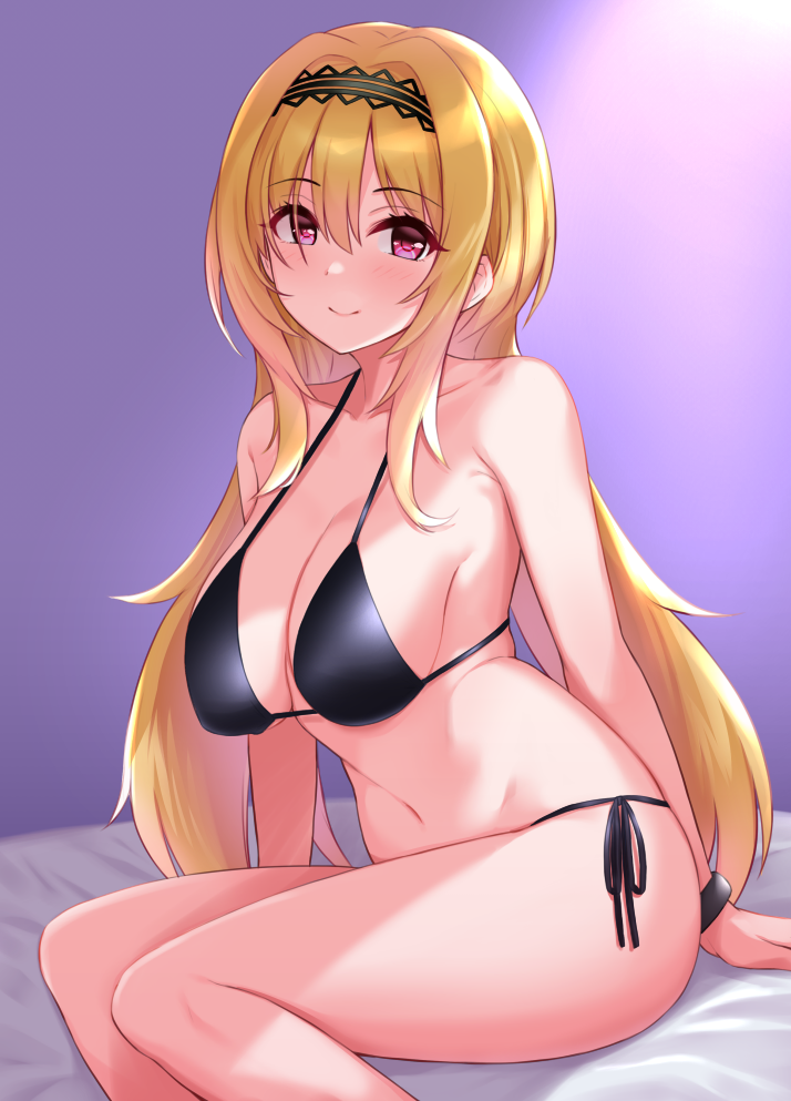 1girl, bikini, black_bikini, black_hairband, blonde_hair, blush, breasts, closed_mouth