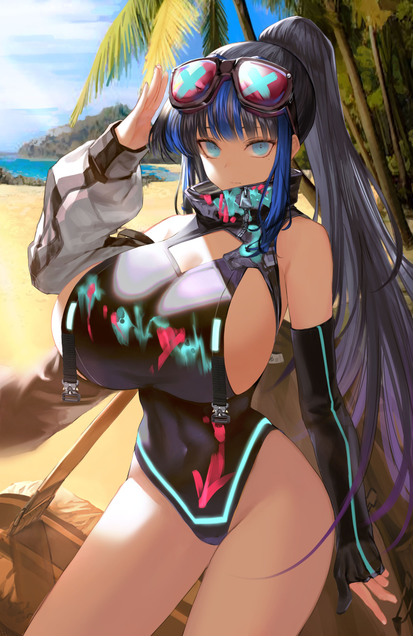 1girl, absurdres, bare_shoulders, beach, black_hair, black_swimsuit, blue_eyes, blue_hair