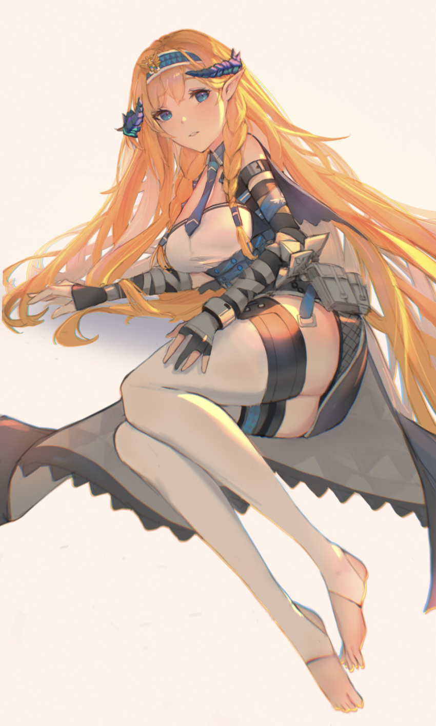 1girl, arknights, arm_support, bangs, bare_shoulders, belt_pouch, black_gloves, black_skirt