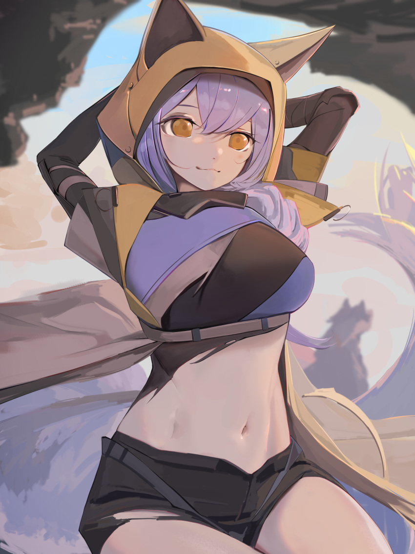 1girl, :3, absurdres, animal_ears, animal_hood, arknights, arms_behind_head, arms_up