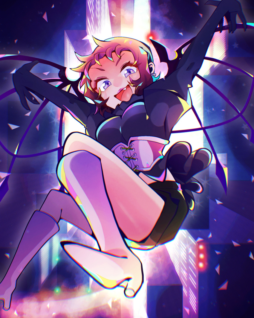 1girl, :d, arms_up, boots, breasts, brown_hair, corset, fang