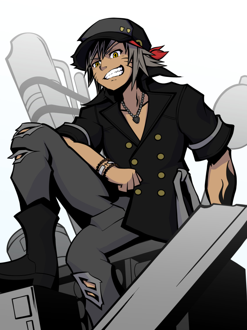 1boy, 3balkan, bead_bracelet, beads, black_footwear, black_headwear, boots, bracelet