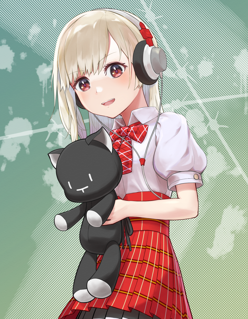 1girl, 3balkan, :d, bow, green_background, headphones, highres, holding