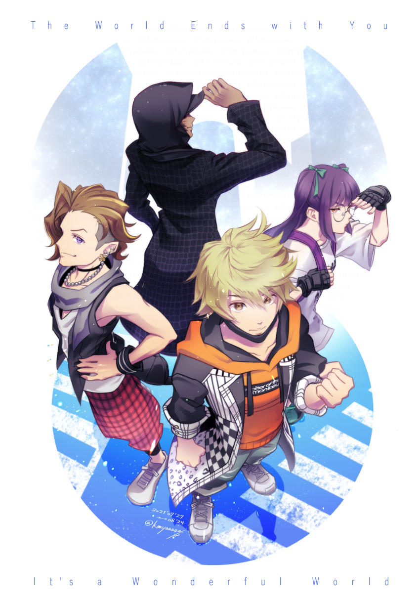 1girl, 3boys, absurdres, aqua_ribbon, backpack, bag, black_jacket, black_vest