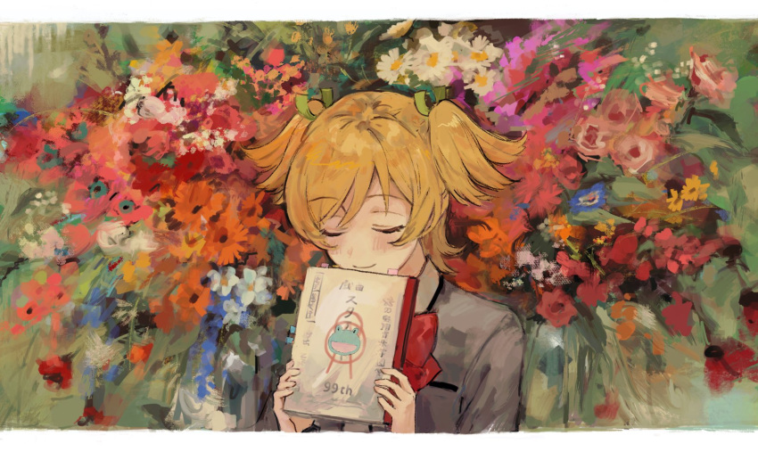 1girl, bangs, blonde_hair, blue_flower, blush, bow, bowtie, breast_pocket