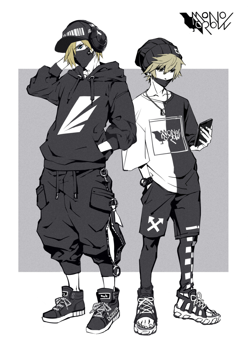 2boys, baseball_cap, black_headwear, blonde_hair, blue_eyes, cellphone, earrings, hair_over_one_eye