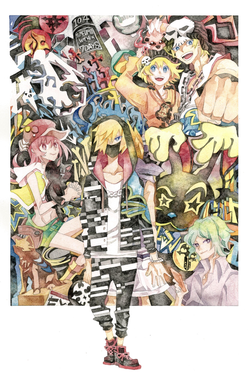 2girls, 3boys, absurdres, animal_on_head, badge, bitou_daisukenojou, bitou_raimu, blonde_hair