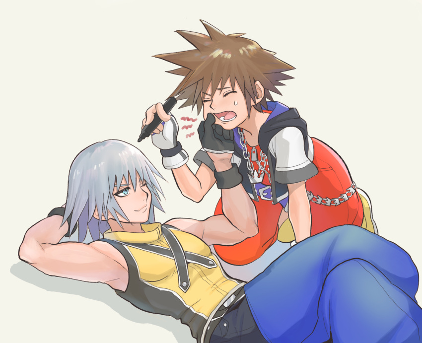 2boys, black_gloves, blue_eyes, brown_hair, chain, cheek_pinching, closed_eyes, crossed_legs, fingerless_gloves, gloves, grey_hair, highres, kakikuyeko3181, kingdom_hearts, looking_at_another, lying, marker, multiple_boys, on_back, one_eye_closed, pinching, riku_(kingdom_hearts), short_sleeves, sora_(kingdom_hearts), spiky_hair, sweatdrop, white_gloves, wristband, yellow_footwear, zipper