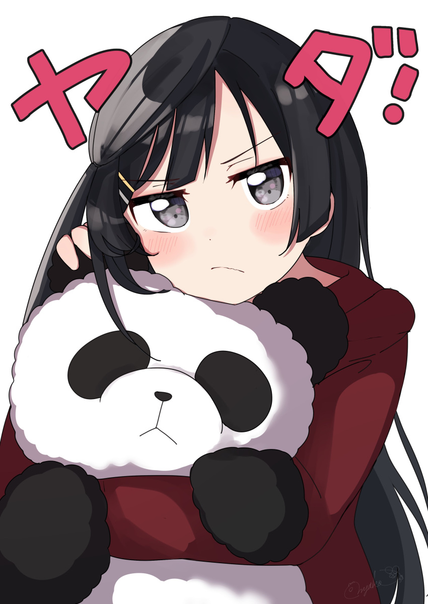 >:(, 1girl, absurdres, bangs, black_hair, blush, frown, grey_eyes