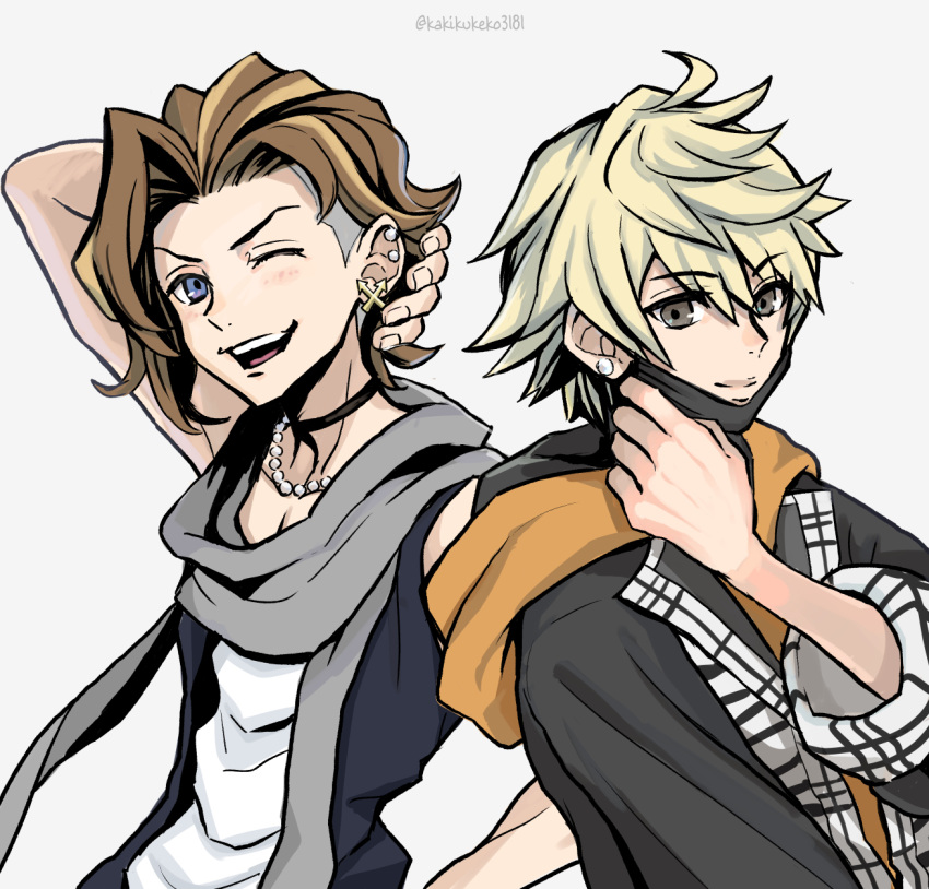 2boys, ;d, artist_name, black_choker, blonde_hair, blue_eyes, brown_hair, choker