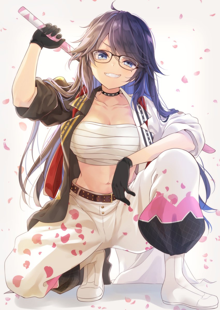 1girl, ahoge, bangs, belt, black-framed_eyewear, black_collar, black_gloves, black_hair