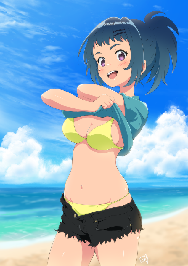 1girl, :d, beach, bikini, black_shorts, blue_hair, blue_shirt, blue_sky