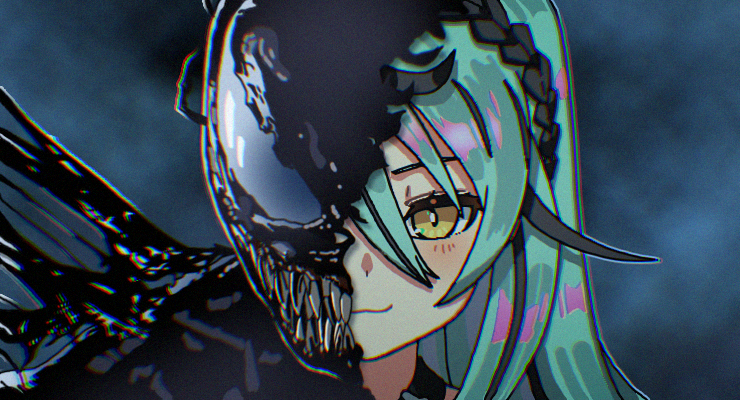 1girl, bangs, black_hair, blue_hair, closed_mouth, commentary_request, cosplay, eyebrows_behind_hair