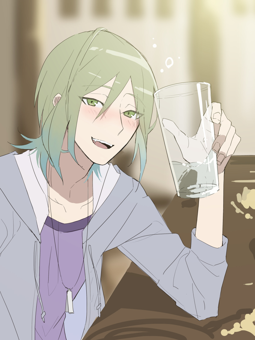 1boy, absurdres, blurry, blurry_background, blush, brown_hair, cup, drinking, green_eyes, grey_jacket, highres, holding, holding_cup, indoors, jacket, jewelry, long_sleeves, male_focus, necklace, shiroi_suna_no_aquatope, solo, u_shirokiri, yakamashi_kuuya