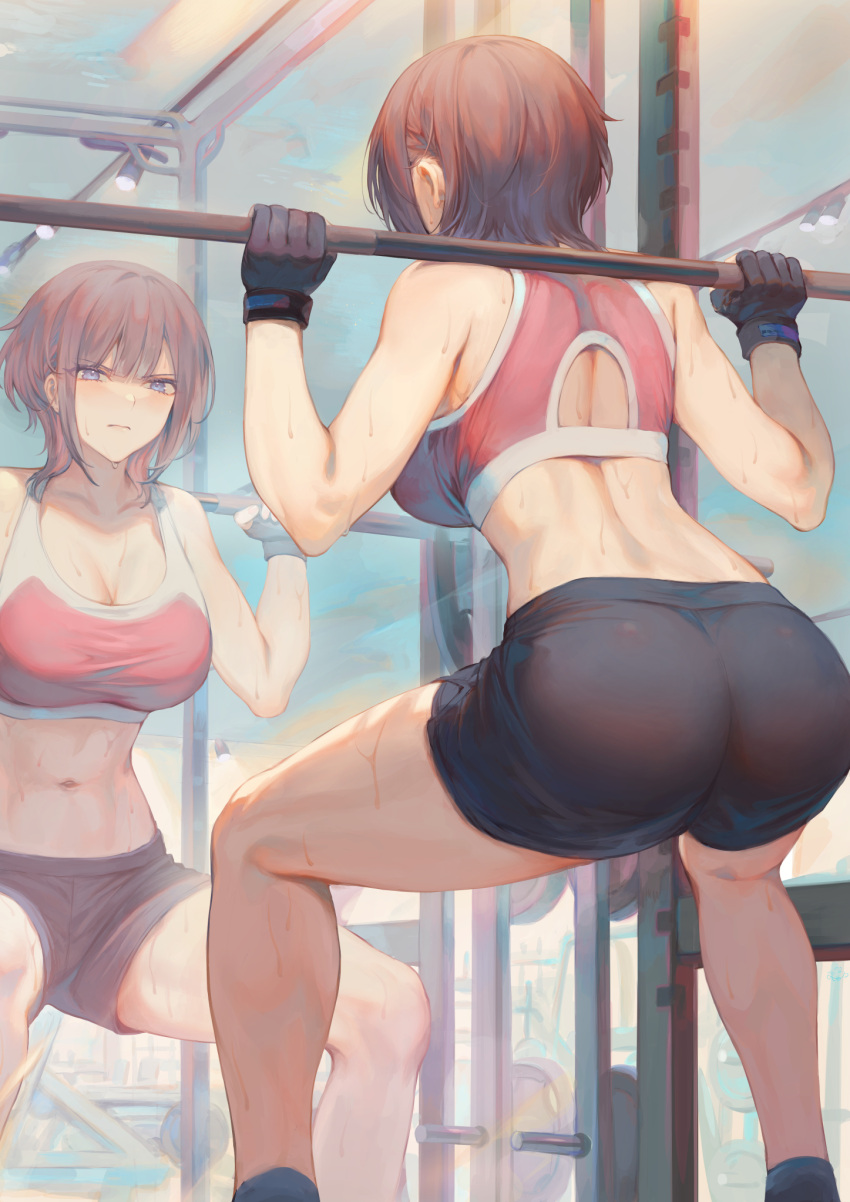 1girl, abs, ass, blue_eyes, blush, breasts, brown_hair, exercise