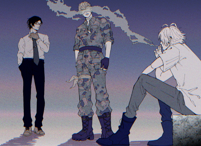 3_8_2., 3boys, aohitsugi_samatoki, black_hair, black_pants, boots, busujima_riou_mason, camouflage