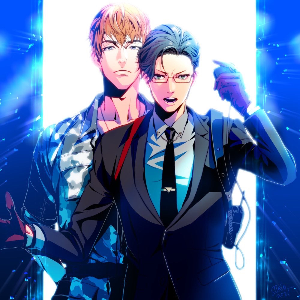 2boys, black_hair, black_neckwear, brown_hair, busujima_riou_mason, camouflage, camouflage_jacket, formal