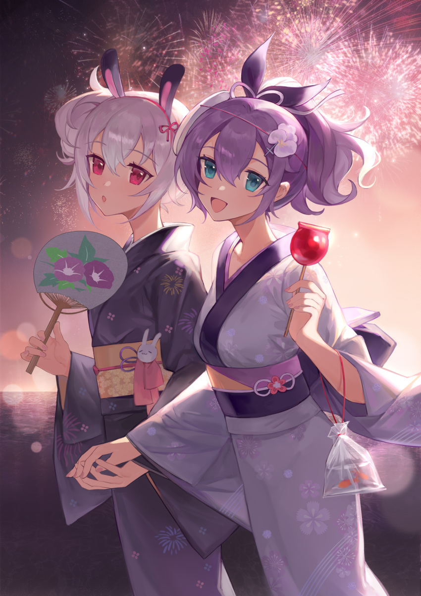 2girls, alternate_costume, animal_ears, azur_lane, bag, blue_eyes, blurry, blush