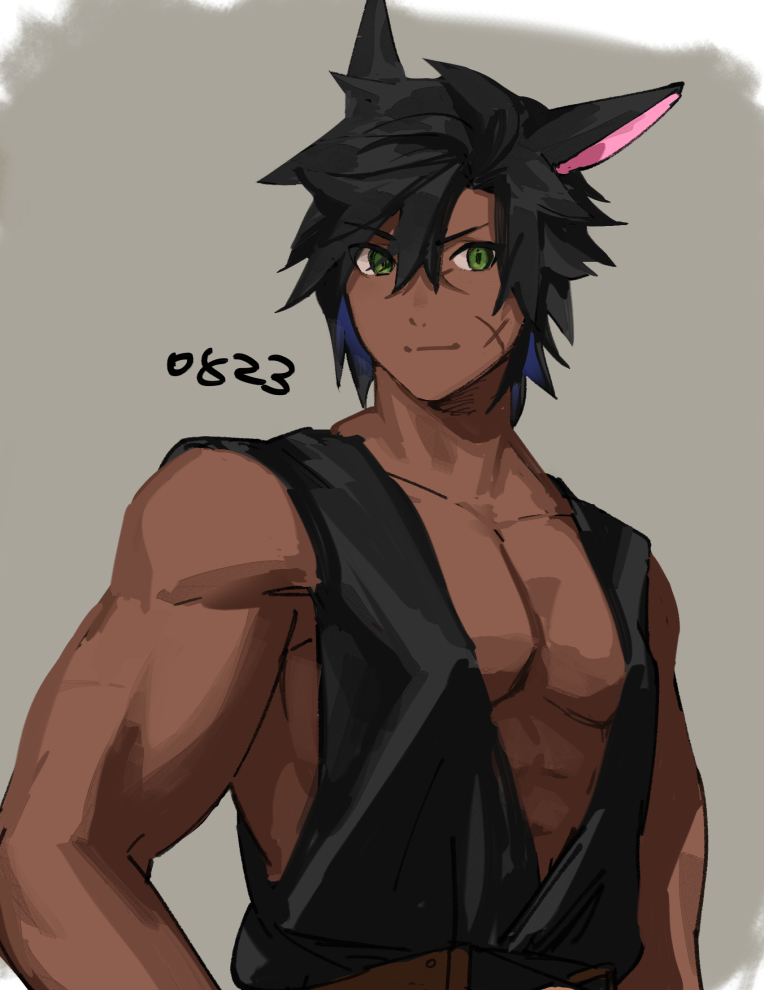 1boy, abs, arms_at_sides, avatar_(ffxiv), black_hair, cat_boy, closed_mouth, clothing_request