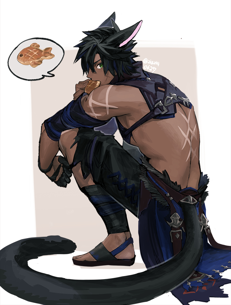 1boy, animal_ears, avatar_(ffxiv), bare_back, black_gloves, black_hair, black_pants, black_tail
