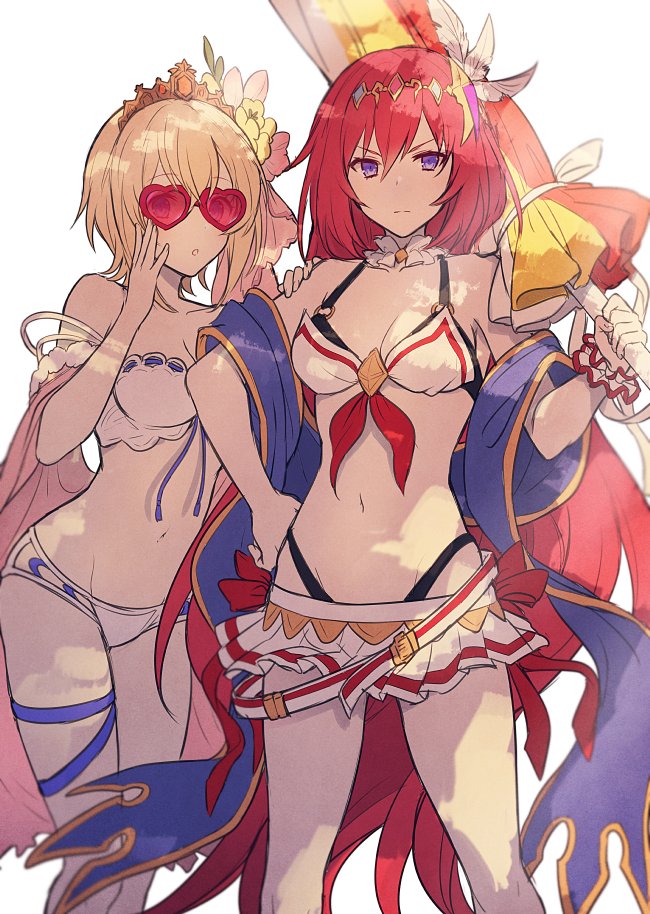 2girls, adjusting_eyewear, bangs, beach_umbrella, belt, bikini, bikini_skirt, blonde_hair