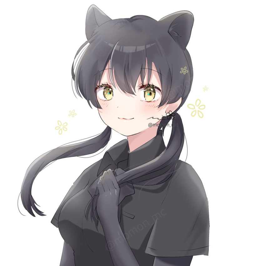 1girl, :3, animal_ears, black_gloves, black_hair, black_leopard_(kemono_friends), black_shirt, collared_shirt
