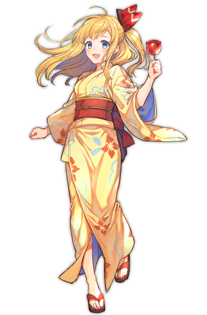 1girl, alternate_costume, blonde_hair, blue_eyes, blush, candy_apple, clenched_hands, floral_print