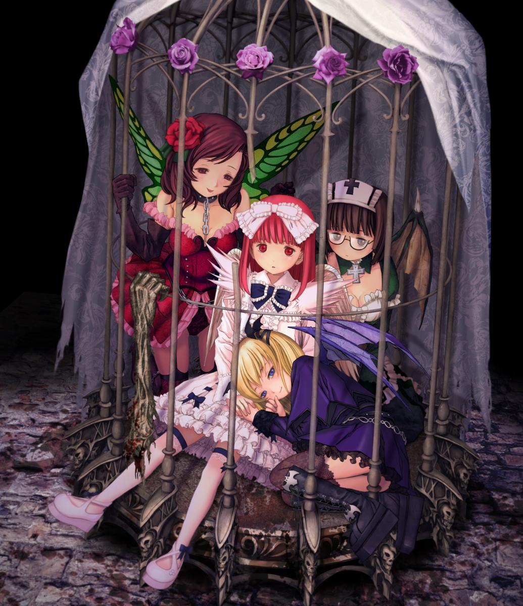 arm, bat_wings, bdsm, birdcage, black_hair, blonde_hair, bondage, bow