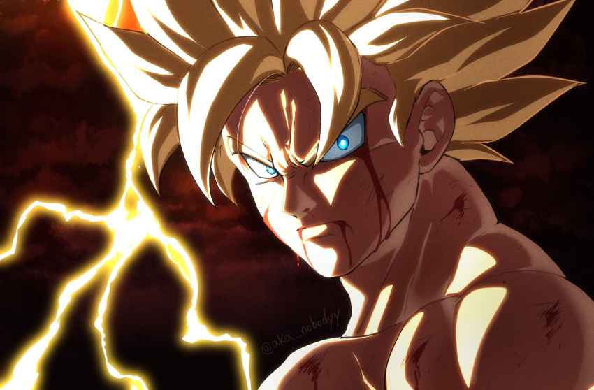 1boy, aka_nobodyy, bangs, blonde_hair, blood, blood_from_eyes, blood_from_mouth, blood_on_face, blue_eyes, bright_pupils, close-up, closed_mouth, clouds, cloudy_sky, collarbone, commentary, cuts, dark_clouds, darkness, derivative_work, dragon_ball, dragon_ball_z, english_commentary, face, frown, glowing, glowing_eyes, highres, injury, lightning, looking_at_viewer, male_focus, muscular, muscular_male, parted_bangs, red_sky, scratches, screencap_redraw, serious, sidelighting, sky, son_goku, spiky_hair, super_saiyan, super_saiyan_1, twitter_username, upper_body, white_pupils
