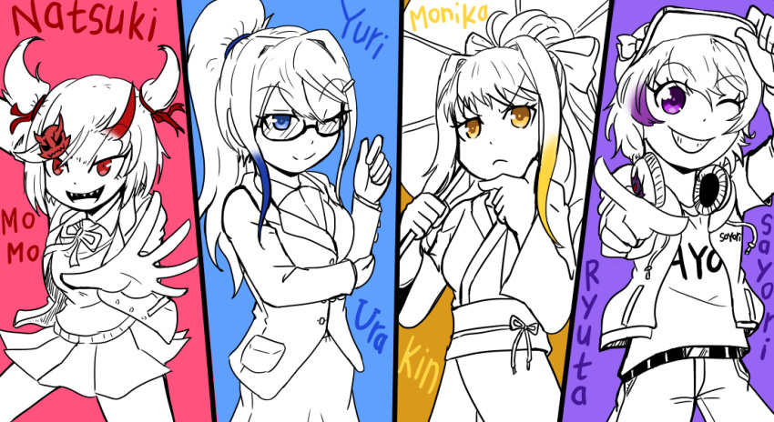 4girls, blonde_hair, blue_eyes, blue_hair, crossover, doki_doki_literature_club, headphones, headphones_around_neck
