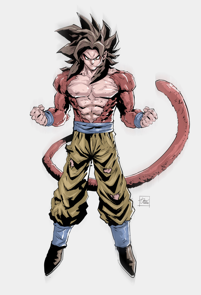 1boy, abs, bare_pectorals, biceps, black_hair, black_legwear, body_fur, dexter_soy, dragon_ball, dragon_ball_gt, large_pectorals, looking_at_viewer, male_focus, monkey_boy, monkey_tail, muscular, muscular_male, no_nipples, obi, pants, pectorals, red_fur, sash, simple_background, solo, son_goku, spiky_hair, super_saiyan, super_saiyan_4, tail, torn_clothes, wristband, yellow_eyes, yellow_pants